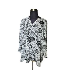Susan Graver Floral Print Tunic Top Long Sleeve V Neck Lightweight Plus Size